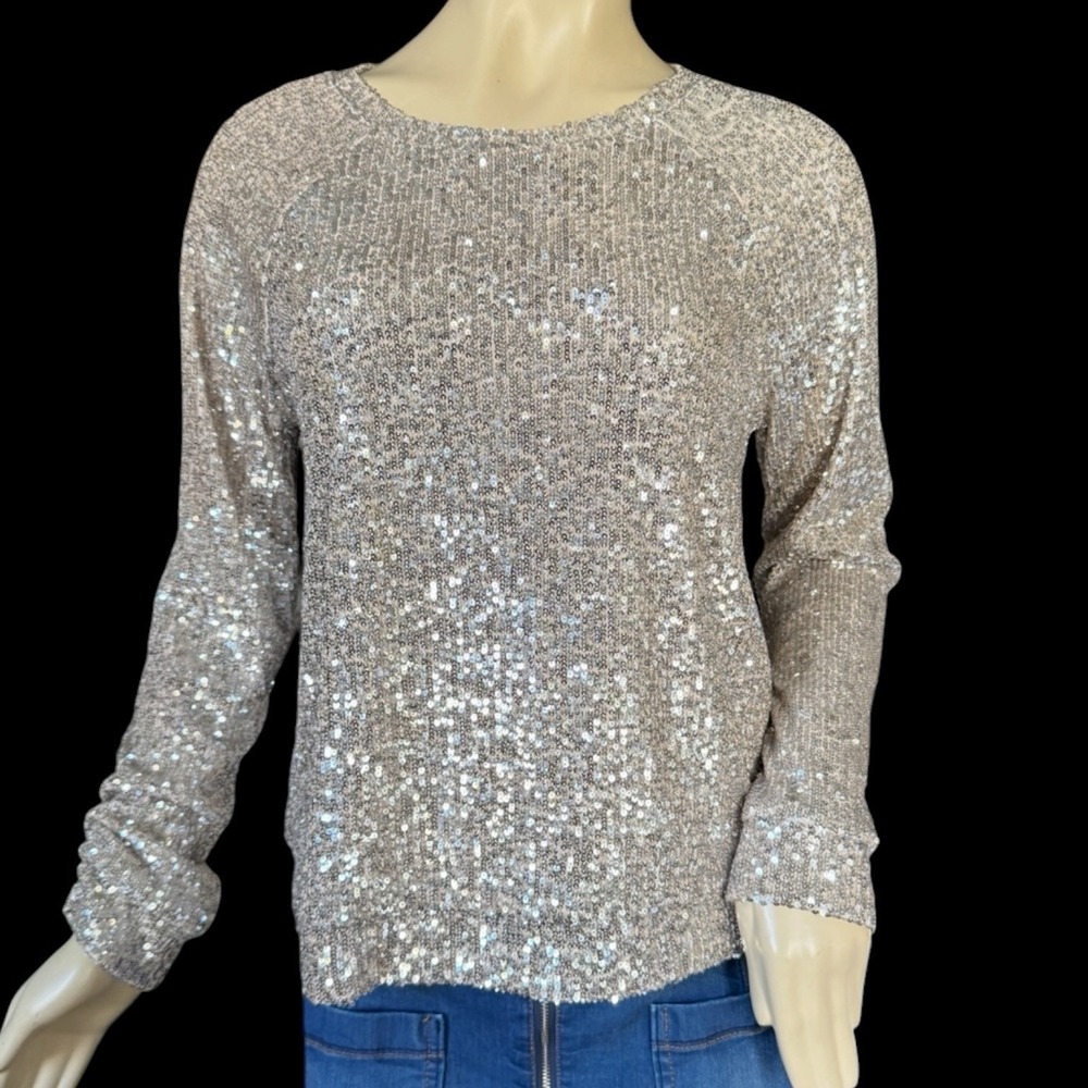 Cable & Gauge Silver Sequin Blouse Top Sz M Party NYE Disco Holidays Night Luxe